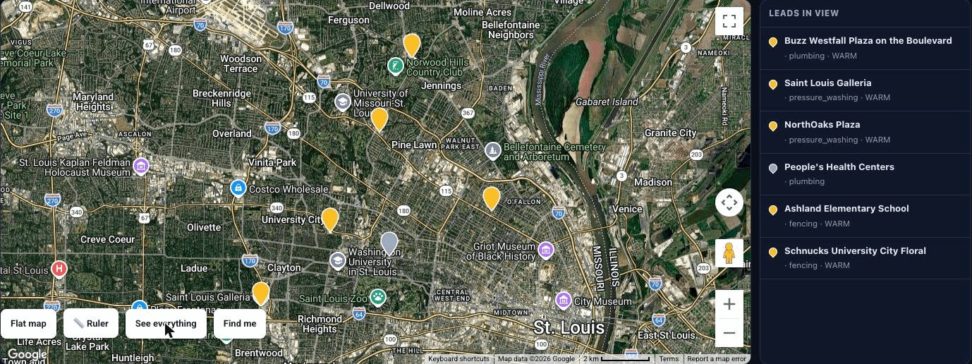 The FORGE Lead Map inside the dashboard: a real satellite map of a service area with scored lead pins and the leads-in-view list